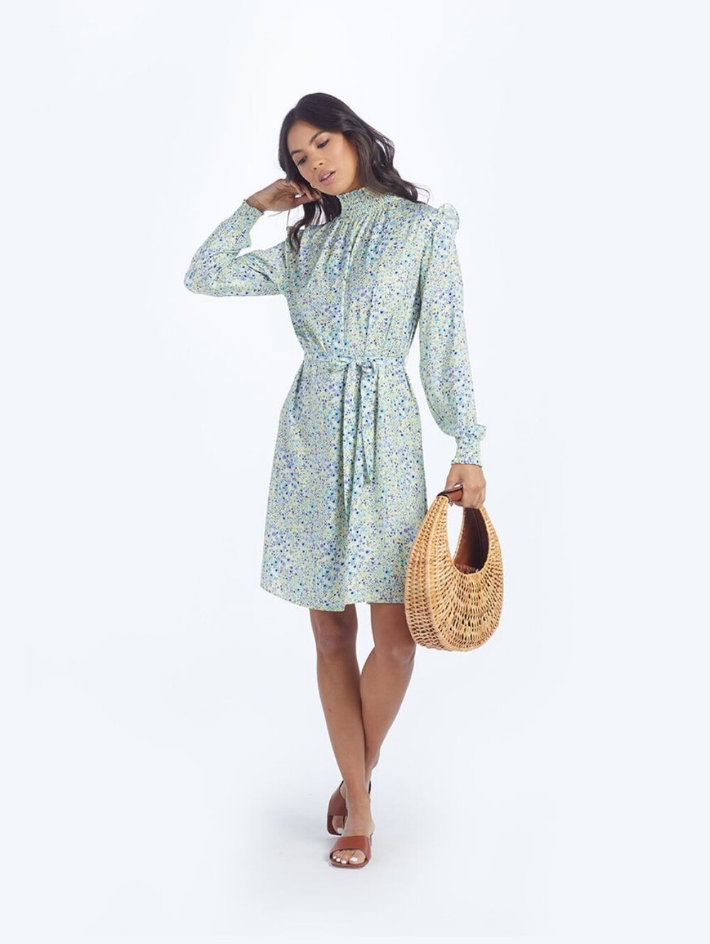 Summersalt Woman's 1X All Dressed Up Floral High-Neck Long Sleeve Tie Dress